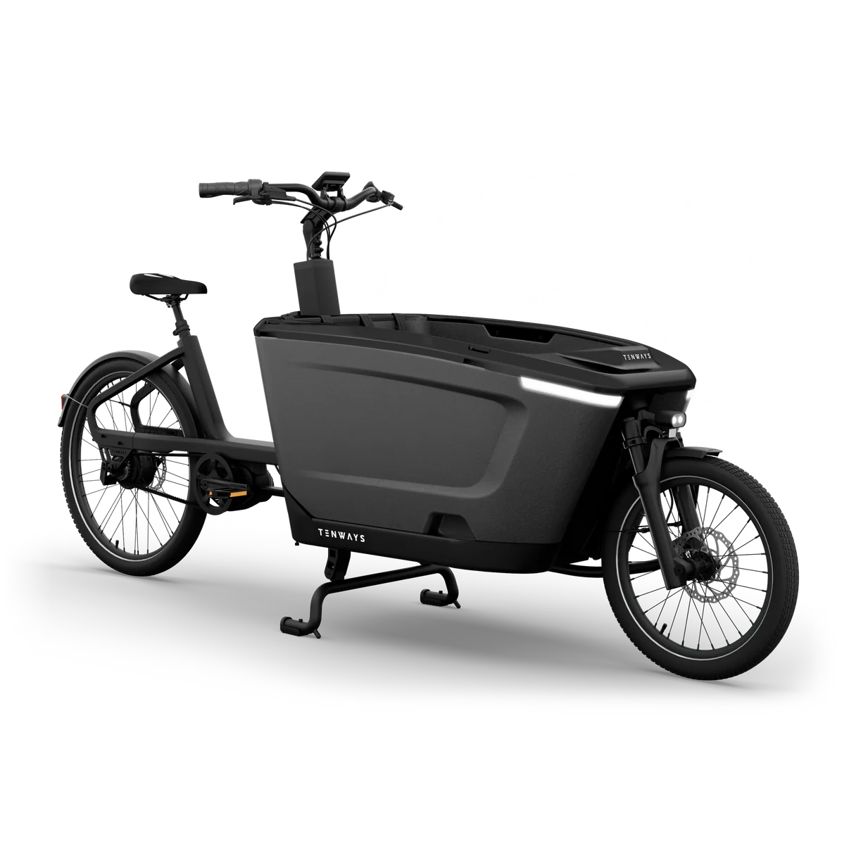 The Tenways Cargo One is a black, three-wheeled electric cargo bike for urban transport, featuring a spacious front storage compartment, a handlebar digital display, and branded with the Tenways logo.