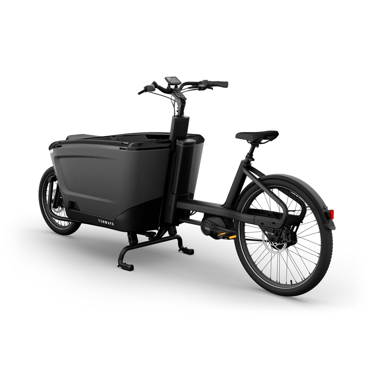 The Tenways Cargo One by Tenways is a black electric cargo bike for urban transport, featuring a spacious front storage compartment, two front wheels, and a single rear wheel, displayed on a plain white background.