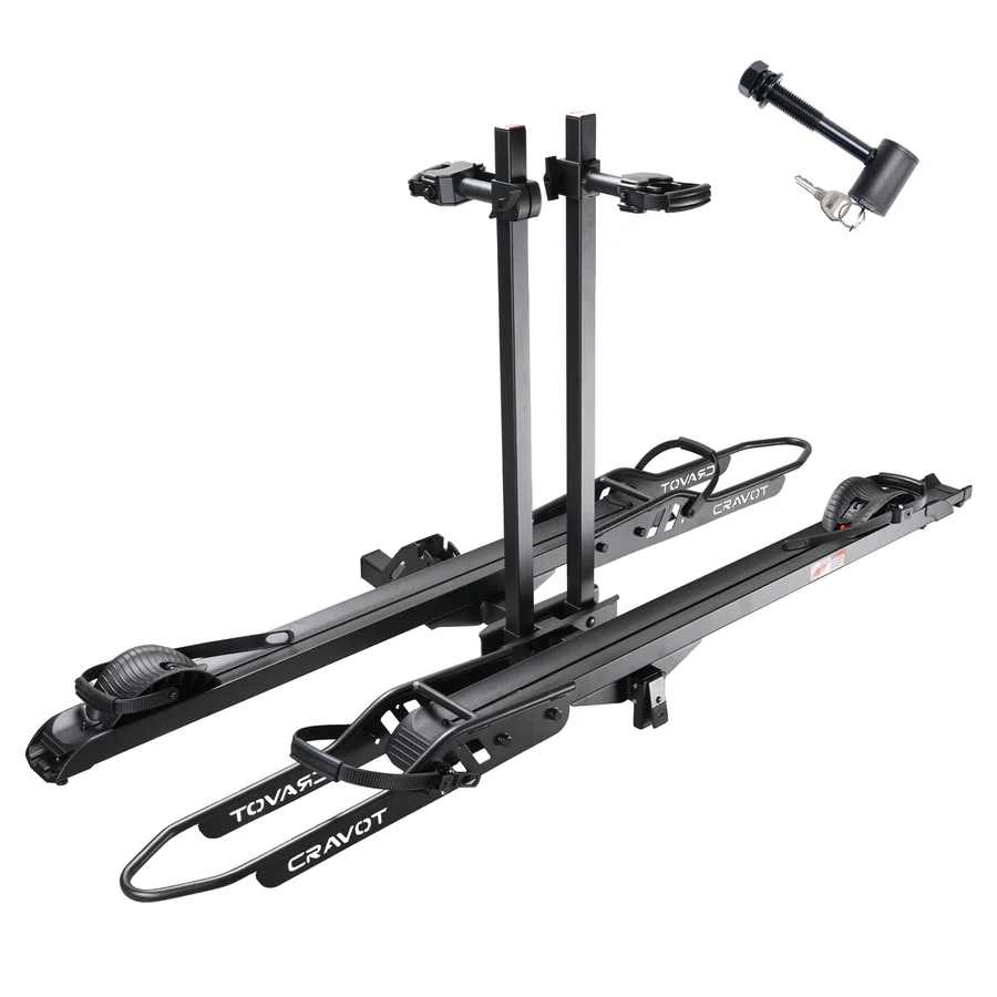 The Cravot CyberRack R2 Hitch Bike Rack is a black, metal, hitch-mounted rack featuring two wheel trays, upright supports, securing arms, and a separate locking pin with keys—all shown on a white background. With an integrated ramp and 200 lbs capacity, it’s ideal as a sturdy e-bike rack for your heavier rides.