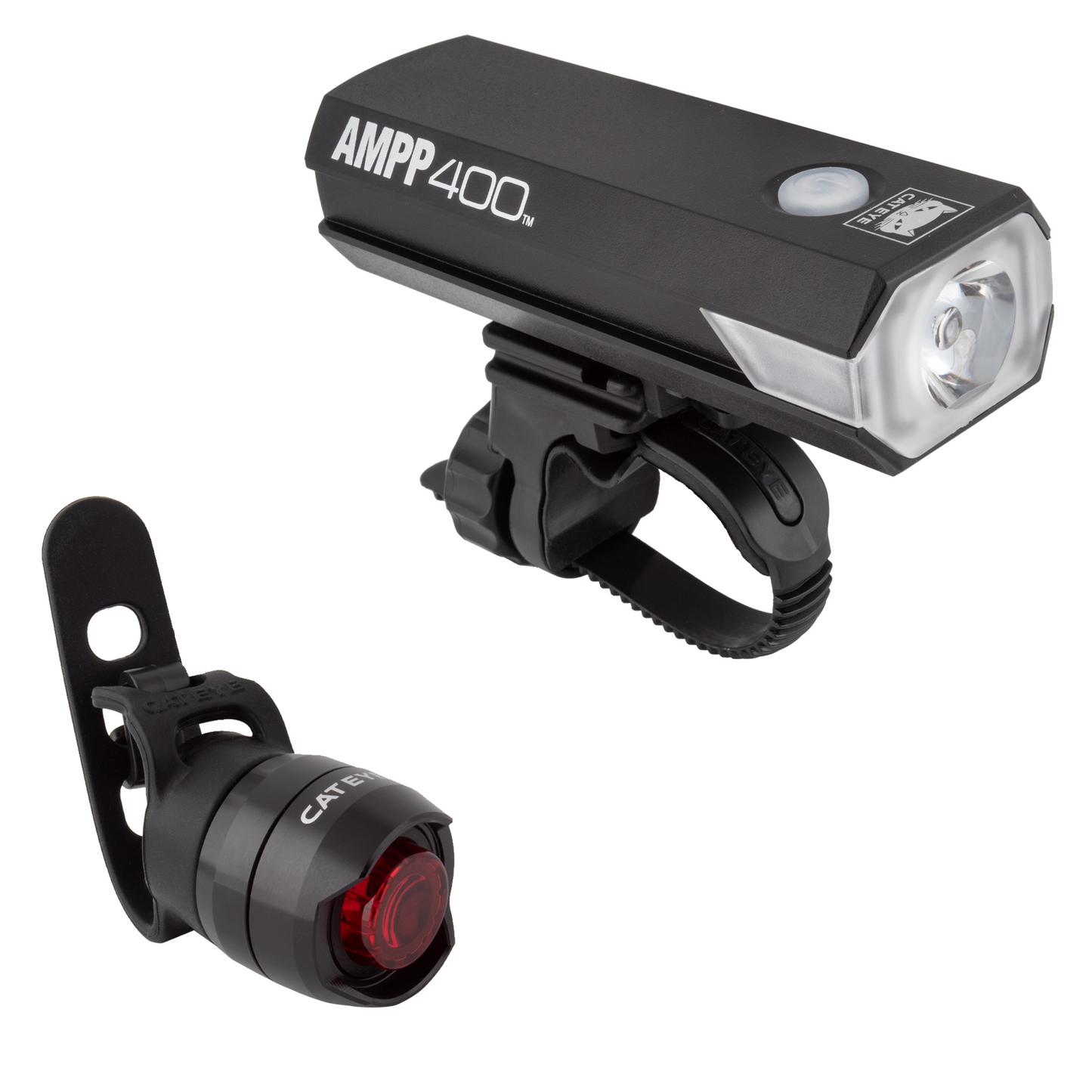 The Cateye Light Combo includes the AMPP 400 headlight, equipped with OptiCube lens technology and various light modes, and a small red taillight. These lights ensure high visibility and are easy to mount, featuring a rechargeable option for consistent brightness on every ride.