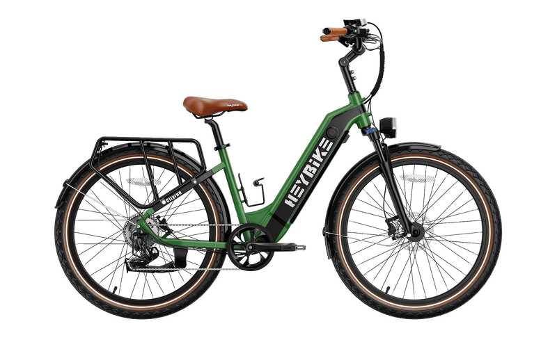 HeyBike- Cityrun ebike with a step-through frame, hydraulic front suspension, and black fenders, positioned against a solid background.