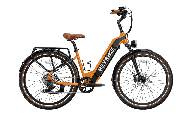 Orange and black HeyBike- Cityrun ebike with a rear rack and hydraulic front suspension, displayed against a plain black background.
