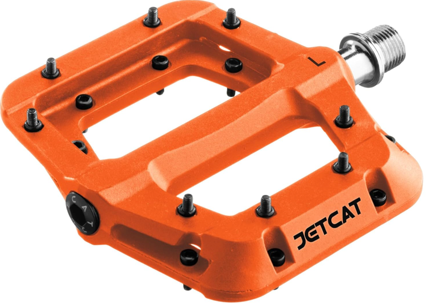 The Color Splash pedals from Tampa Bay eBikes are orange flat bicycle pedals with metal pins, marked with "L" for grip and durability, lightweight for enhanced performance—comparable to Bucklos cycling pedals.