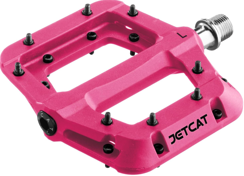 The Tampa Bay eBikes Pedals - Color Splash are pink flat pedals with black grip pins, a silver spindle, marked "JETCAT" and "L" for the left side; these lightweight pedals offer a strong grip, perfect for confident riders.