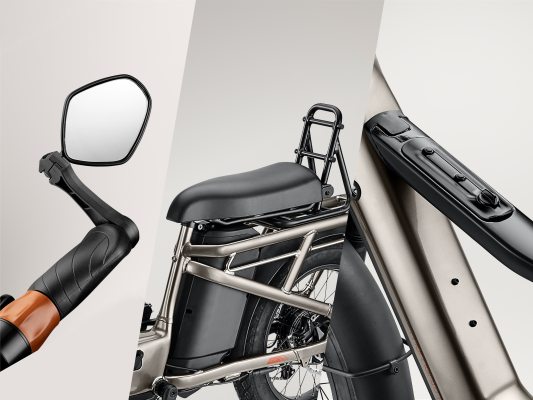 Collage of Momentum - Cito E+ urban mobility motorcycle parts including a handlebar, rear carrier, and exhaust pipe, displayed on a split gray and white background.