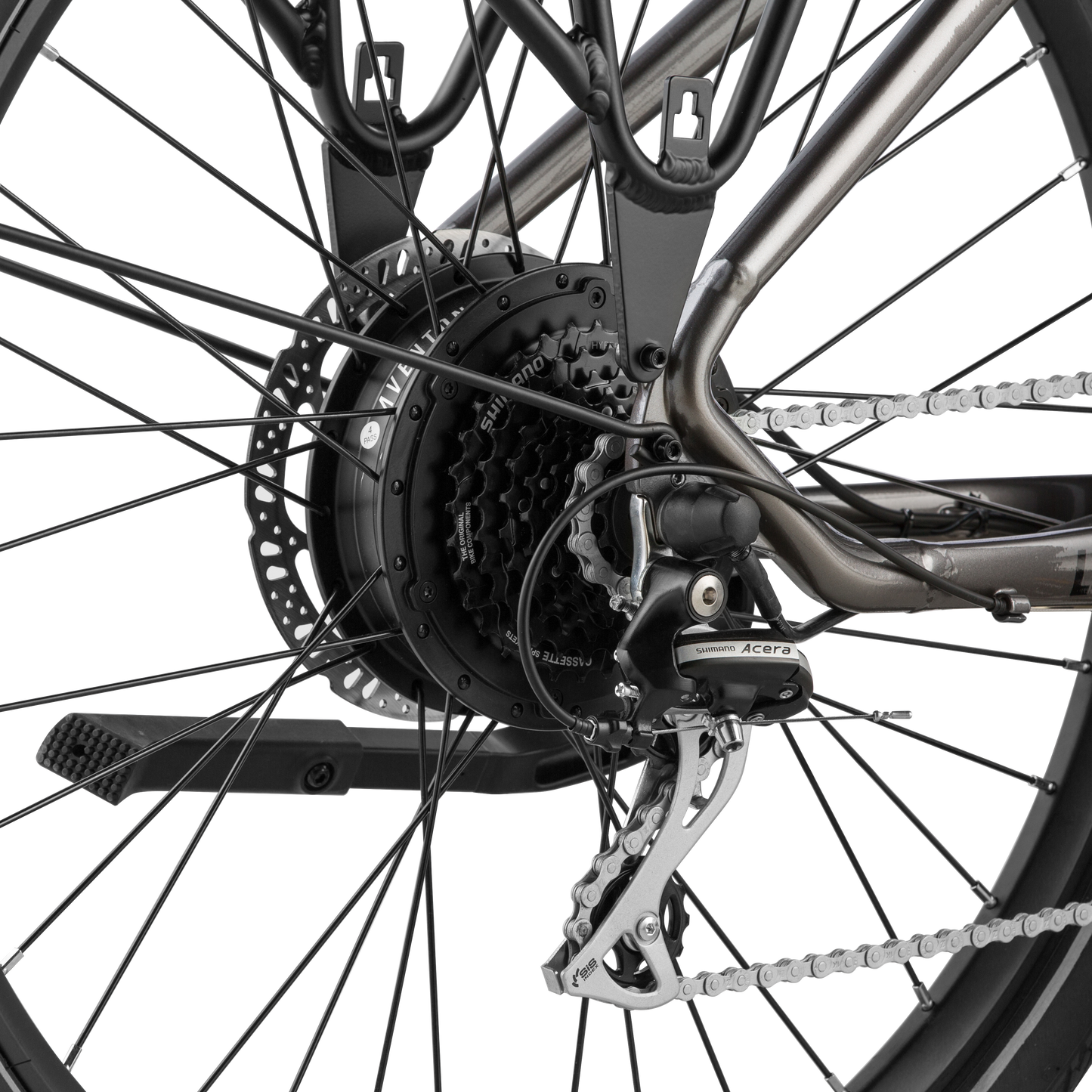 A close up of an Aventon - LEVEL.2 Step Through - Polar White - R commuter eBike with gears.