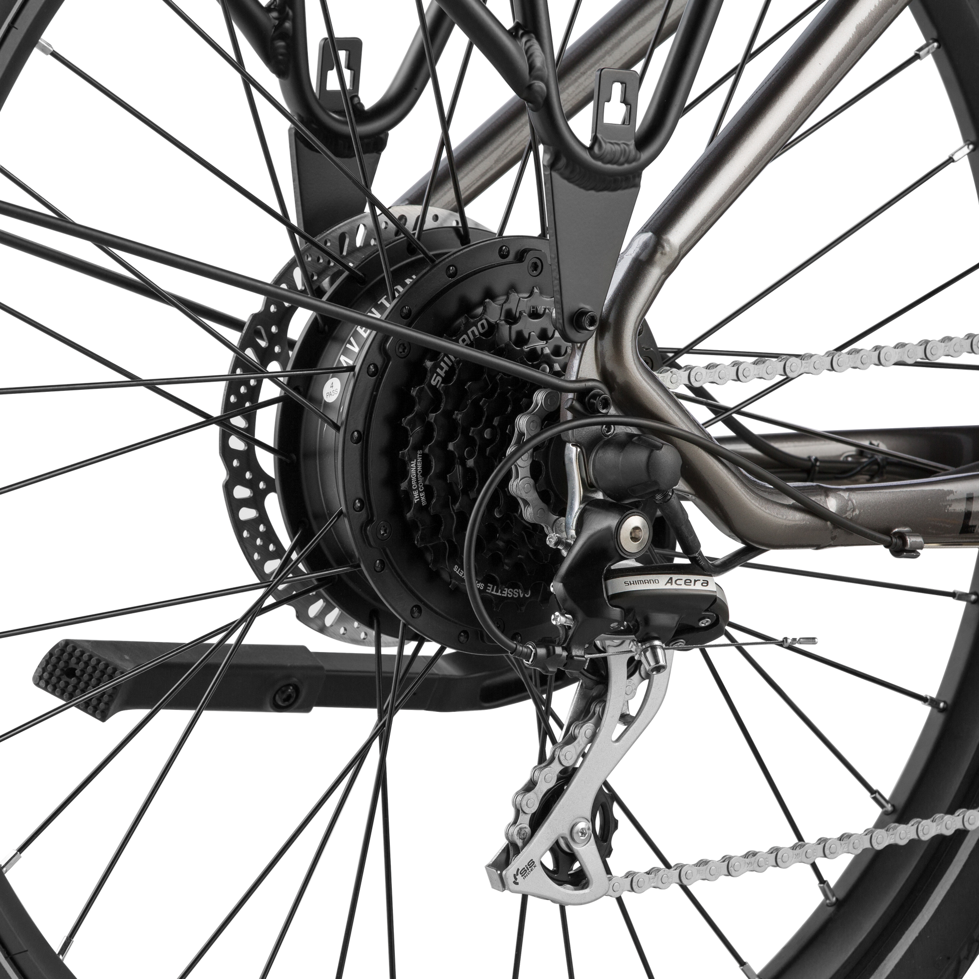 A close up of an Aventon - LEVEL.2 Step Through - Polar White - R commuter eBike with gears.