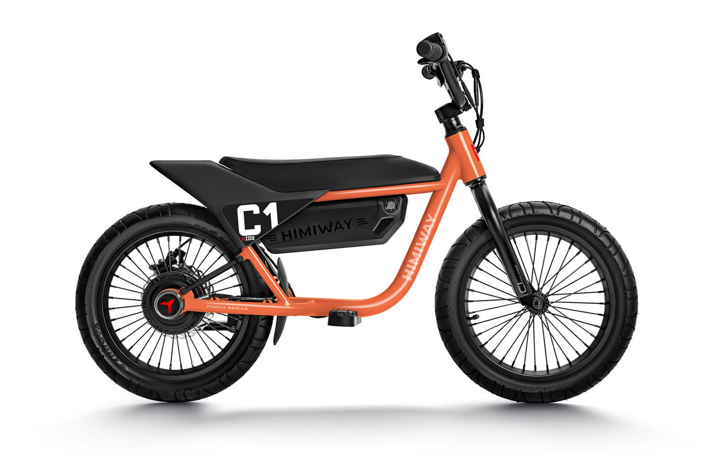 Side profile of a Himiway - C1 e-bike with an orange frame, black seat, and black wheels. The bike features thick tires and a robust design.