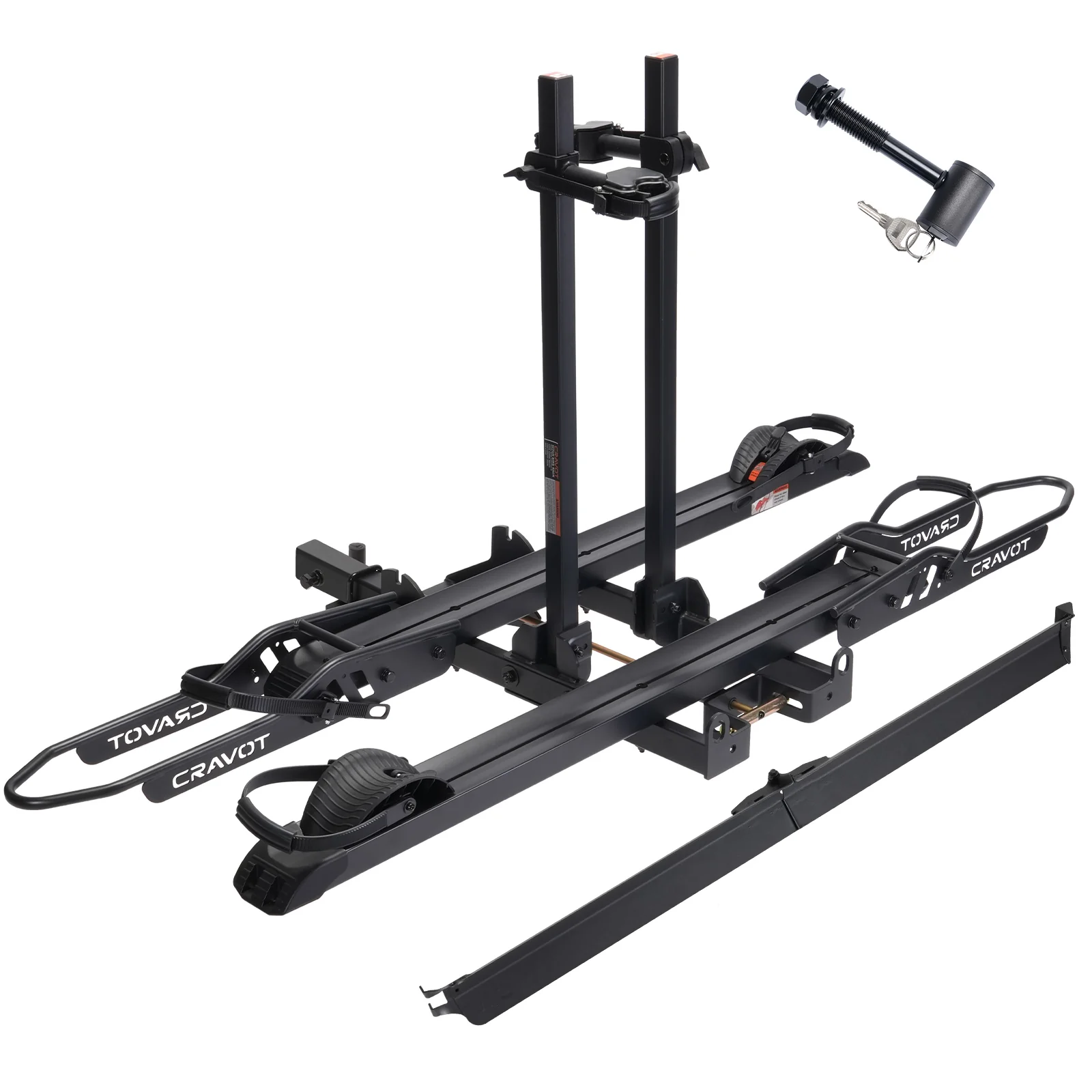 The Cravot CyberRack S2 Hitch Bike Rack, with 300 lbs capacity, features wheel supports, frame clamps, a locking hitch pin, and an extra horizontal bar. It fits 2-inch receivers and has a heavy-duty black metal build. Brand: Cravot.