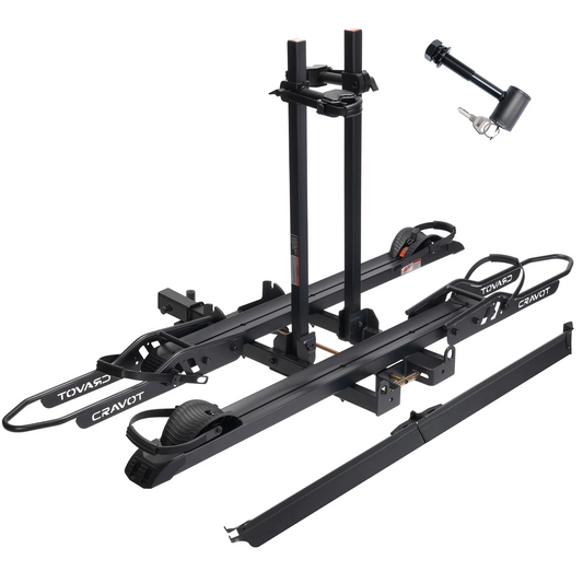 The Cravot CyberRack S2 Hitch Bike Rack, with 300 lbs capacity, features wheel supports, frame clamps, a locking hitch pin, and an extra horizontal bar. It fits 2-inch receivers and has a heavy-duty black metal build. Brand: Cravot.