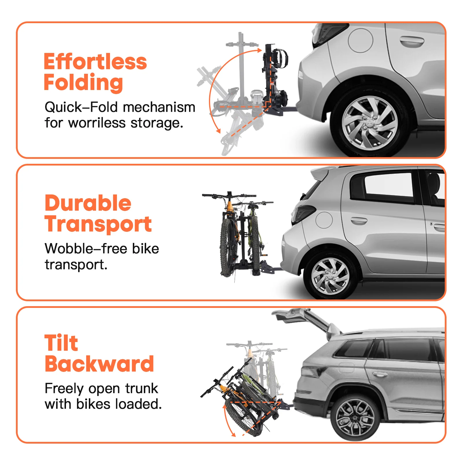 The Cravot CyberRack S2 Hitch Bike Rack offers effortless folding for storage, durable wobble-free transport, and tilts back for trunk access with bikes loaded. Supports up to 300 lbs for heavy-duty use.
