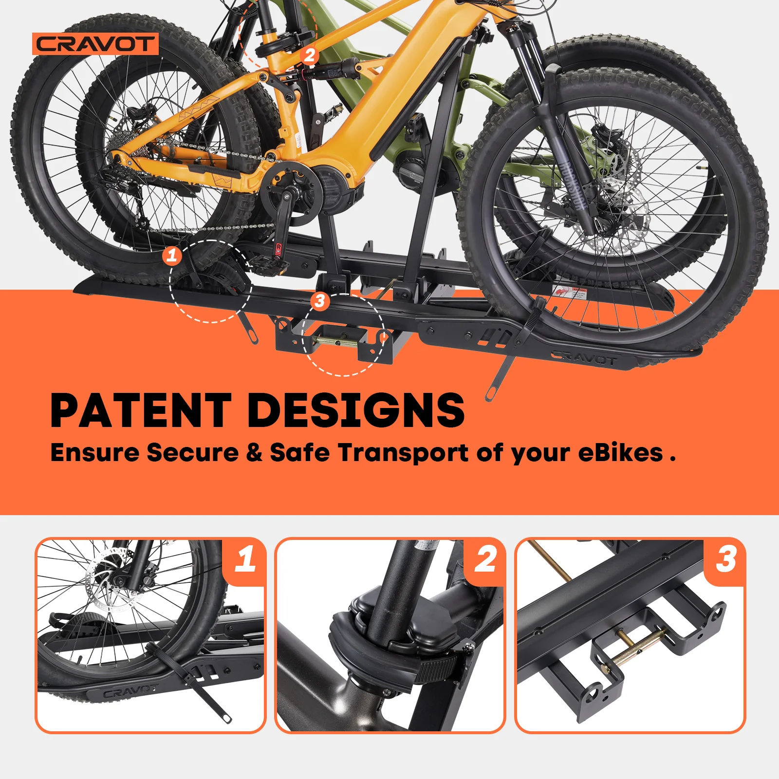 Two e-bikes mounted on the Cravot CyberRack S2 Hitch Bike Rack (300 lbs capacity), with close-ups showing secure mounting using patented designs. Text: "PATENT DESIGNS Ensure Secure & Safe Transport of your eBikes. Brand: Cravot.
