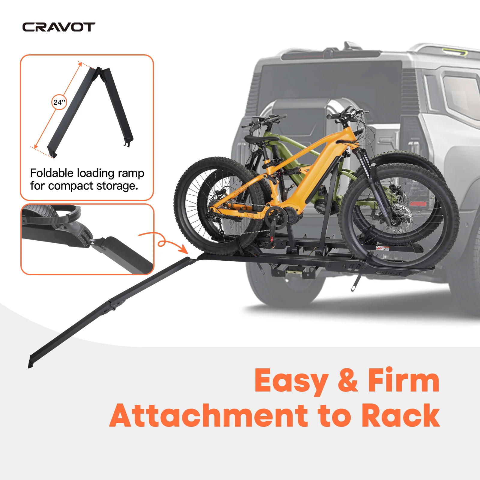 The Cravot CyberRack S2 Hitch Bike Rack (300 lbs capacity) features a foldable loading ramp and mounts easily to an SUV's 2-inch receiver, allowing two bikes to be securely attached for transport.