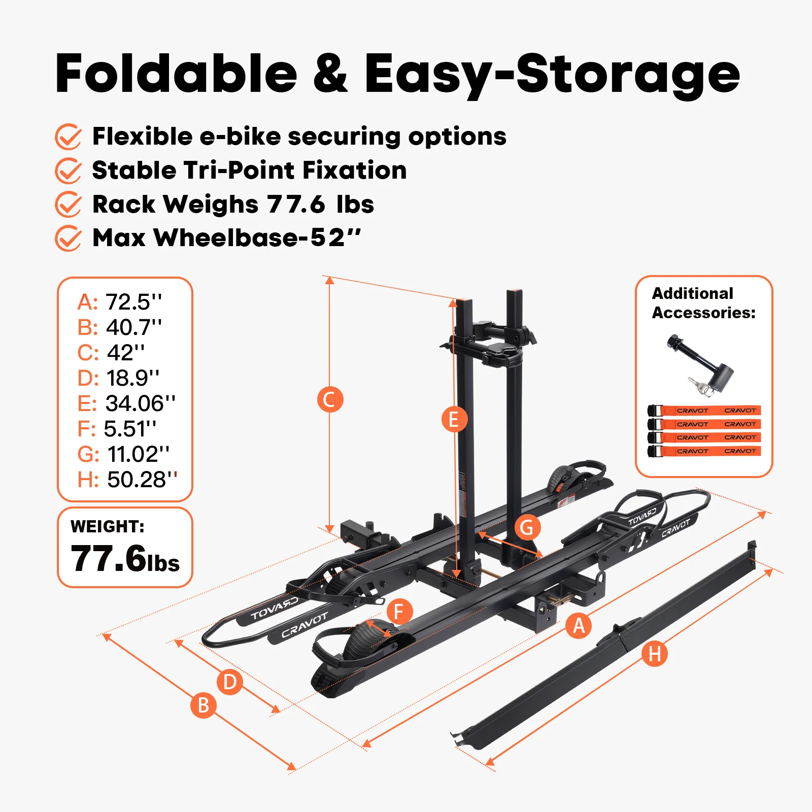 Diagram of the Cravot CyberRack S2 Hitch Bike Rack, a heavy-duty, foldable rack (77.6 lbs) for 2-inch receivers, showing labeled dimensions, key features, 300-lb capacity, and accessories on the right. Brand: Cravot.