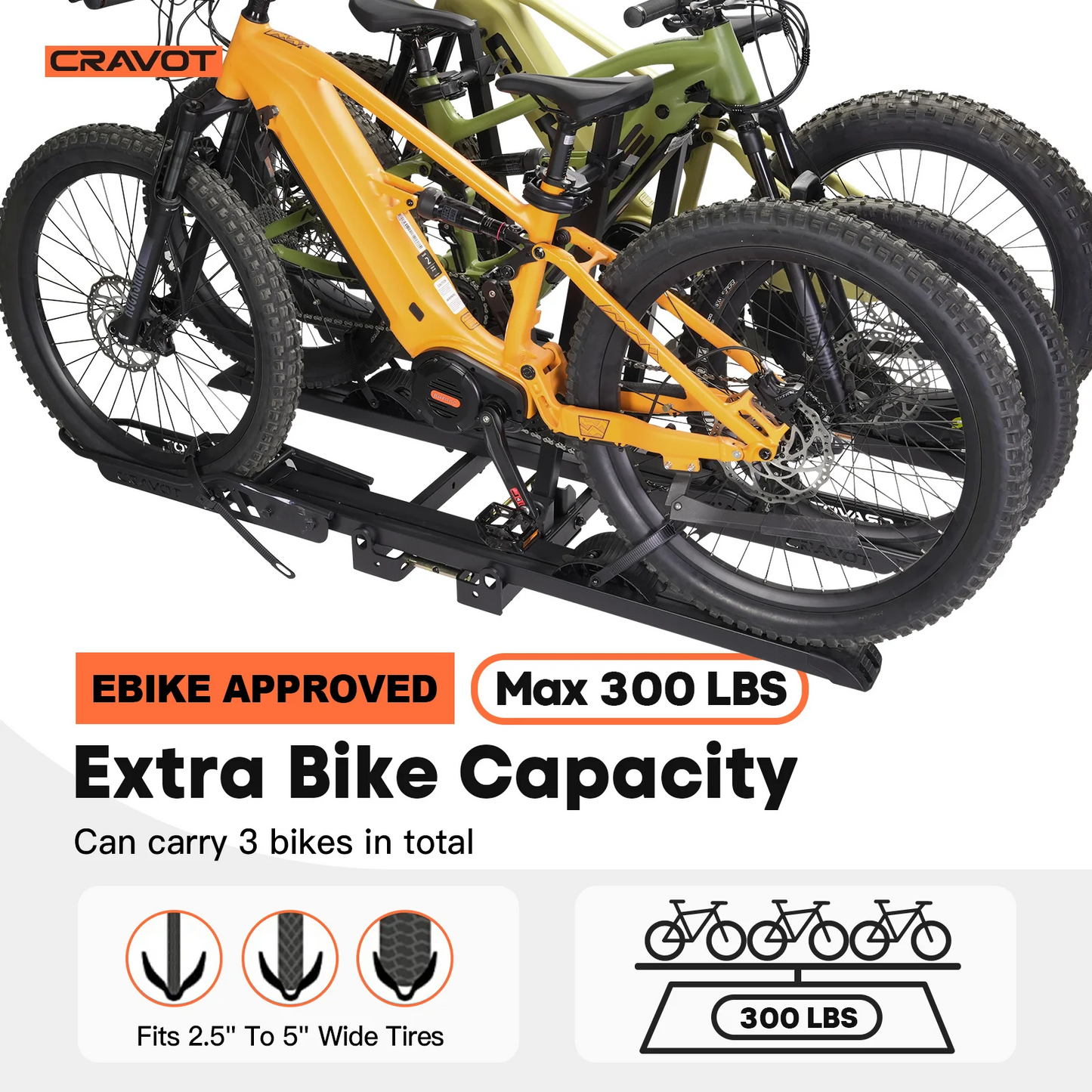 The Cravot CyberRack S3 Hitch Bike Rack fits 2" receivers, holds up to three bikes (including e-bikes), supports 300 lbs, and accommodates tires from 2.5" to 5" wide for versatile riding.