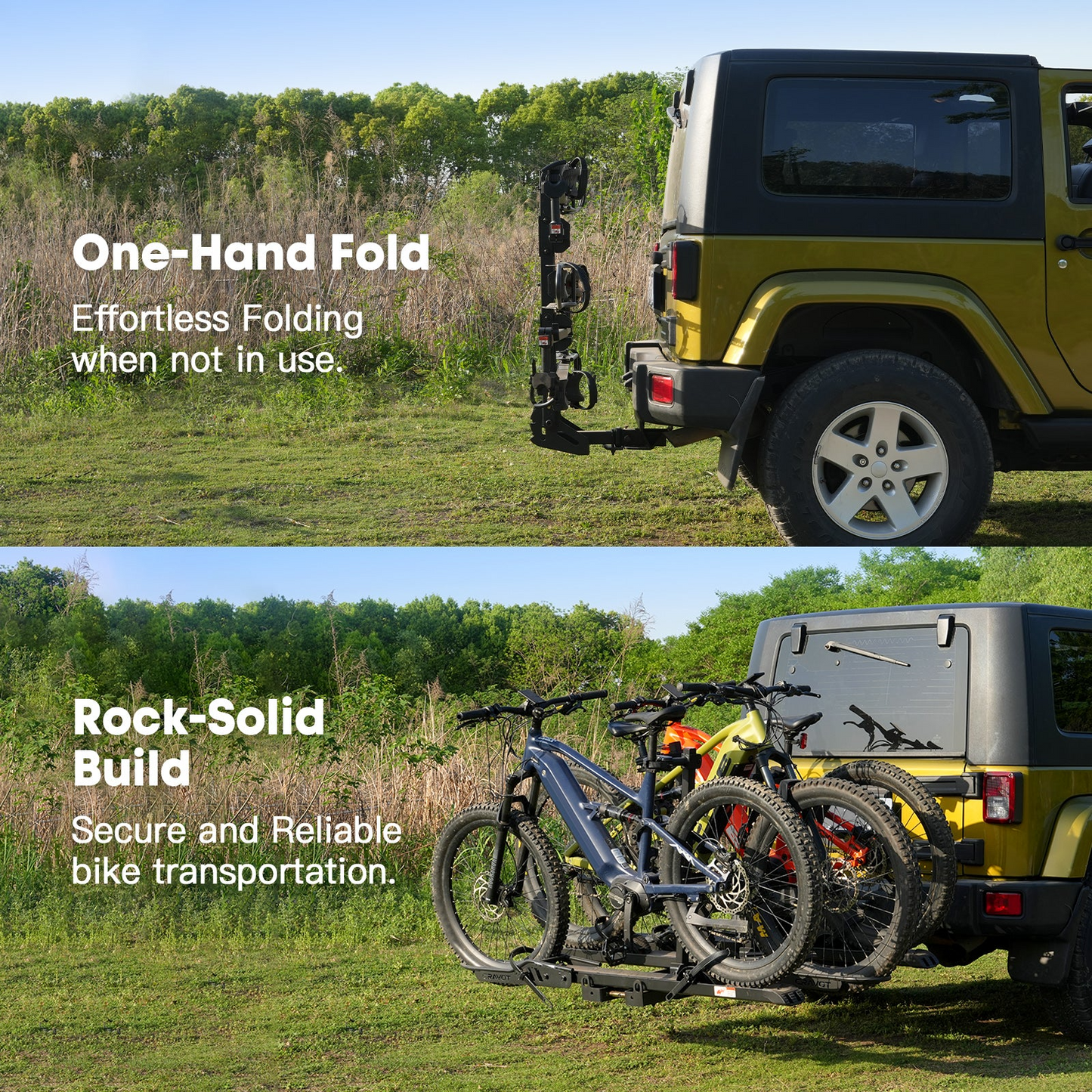 A yellow SUV with a Cravot CyberRack S3 Hitch Bike Rack (2" receiver, 300 lbs capacity) is shown empty and loaded with three bikes, illustrating the rack’s folding and usage states.