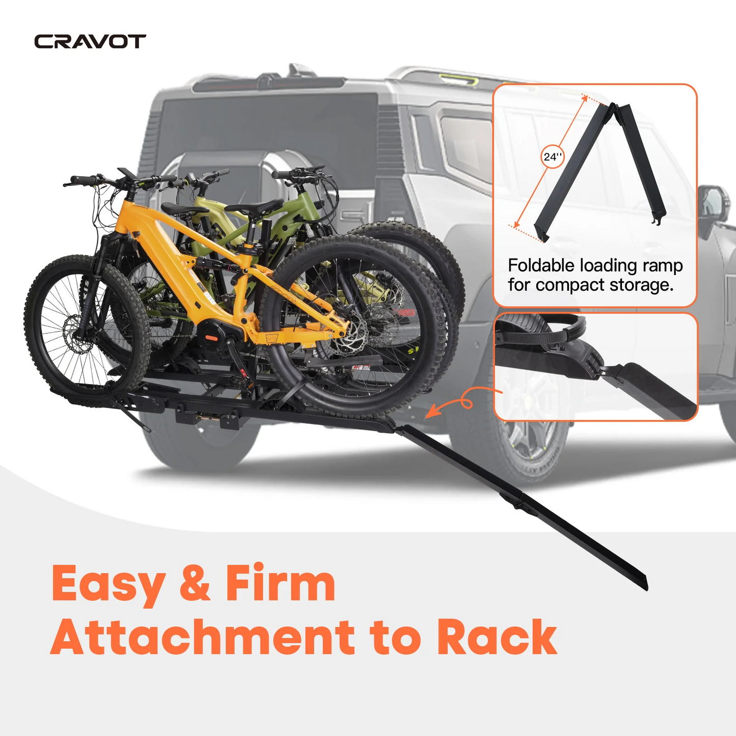 The Cravot CyberRack S3 Hitch Bike Rack (2" receiver, 300 lbs capacity) secures two bikes to an SUV with a foldable loading ramp. Inset shows ramp folded for storage. Text reads: "Easy & Firm Attachment to Rack.