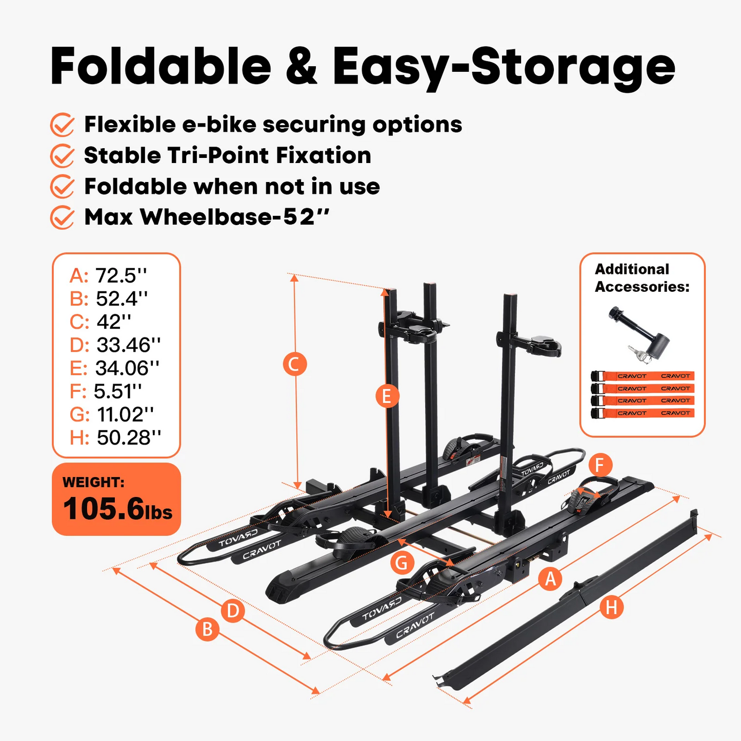 The Cravot CyberRack S3 Hitch Bike Rack fits 2" receivers, holds up to 300 lbs, and supports wheelbases up to 52". With adjustable arms, labeled dimensions, tri-point fixation, and foldable design for easy storage—ideal for versatile bike transport.