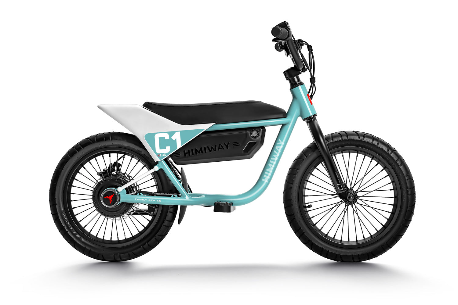 A light blue Himiway - C1 electric bike with a black seat and handlebars. The bike has "C1" and "Himiway" branding on the frame. It features thick tires and a minimalist design.
