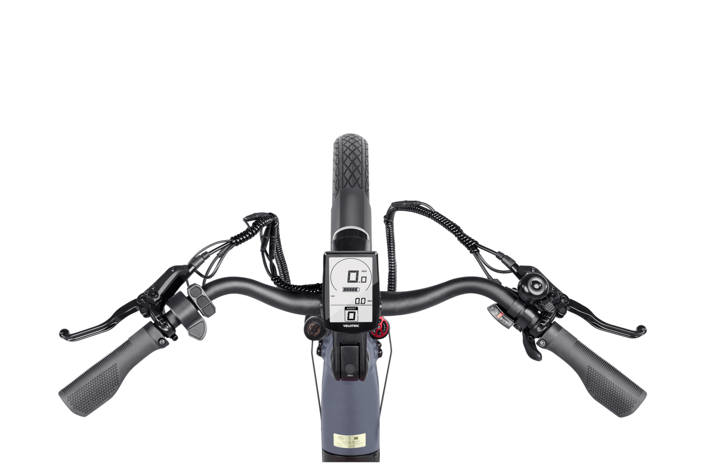 Front view of a Velotric - Discover 1 Plus commuter e-bike handlebar equipped with a digital display screen, brake levers, and gear shifters on both sides, powered by the powerful Velopower H50 drive system.