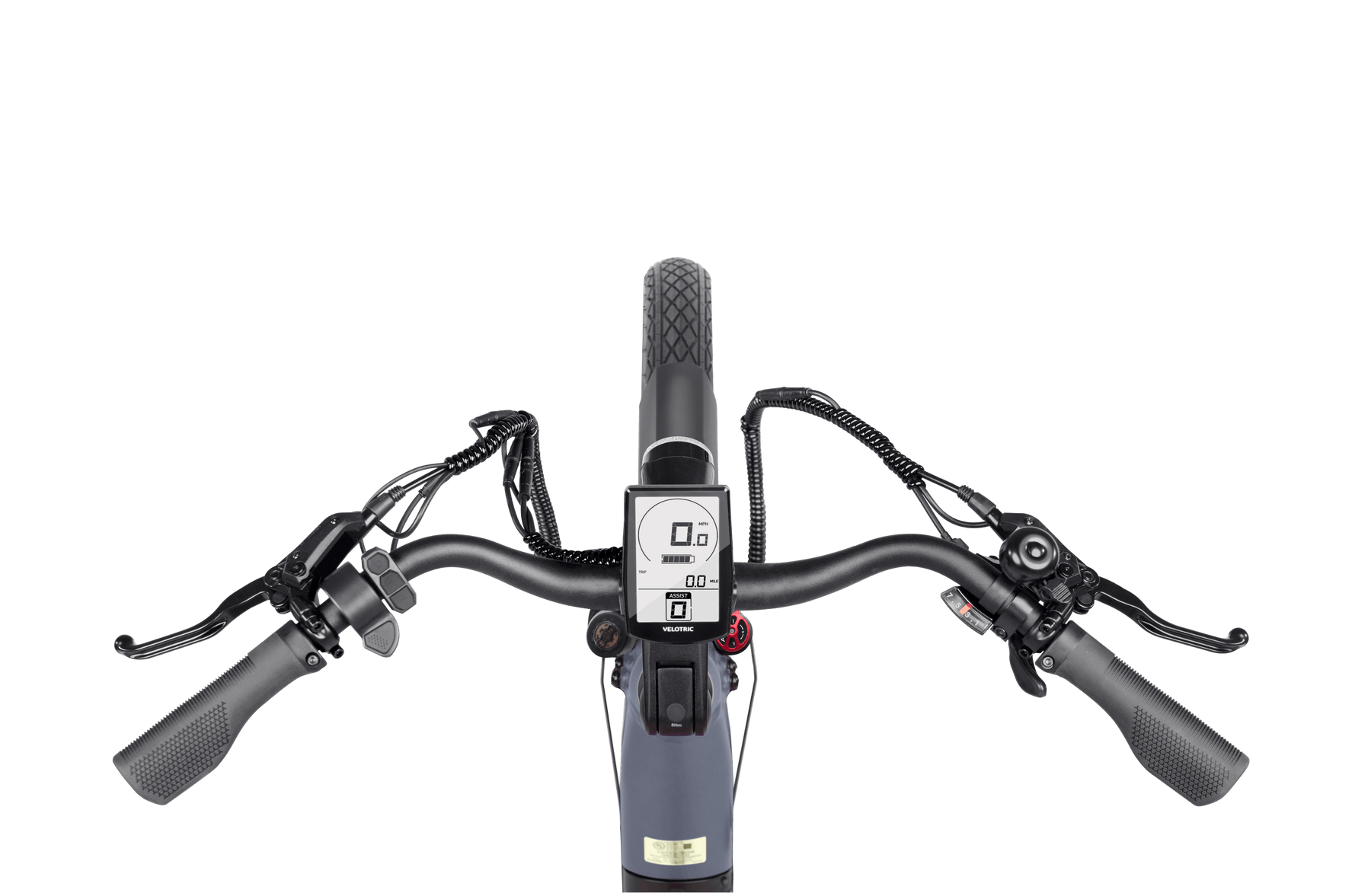 Front view of a Velotric - Discover 1 Plus commuter e-bike handlebar equipped with a digital display screen, brake levers, and gear shifters on both sides, powered by the powerful Velopower H50 drive system.