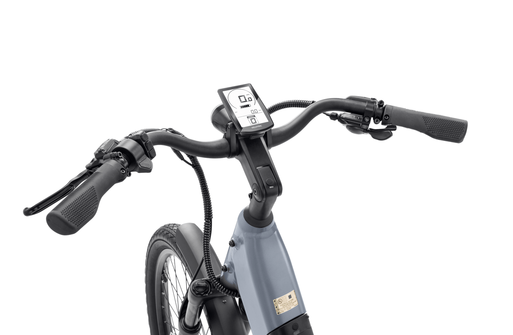 Close-up view of the handlebars and display screen of a blue Velotric - Discover 1 Plus commuter e-bike, showcasing the powerful Velopower H50 drive system against a black background.