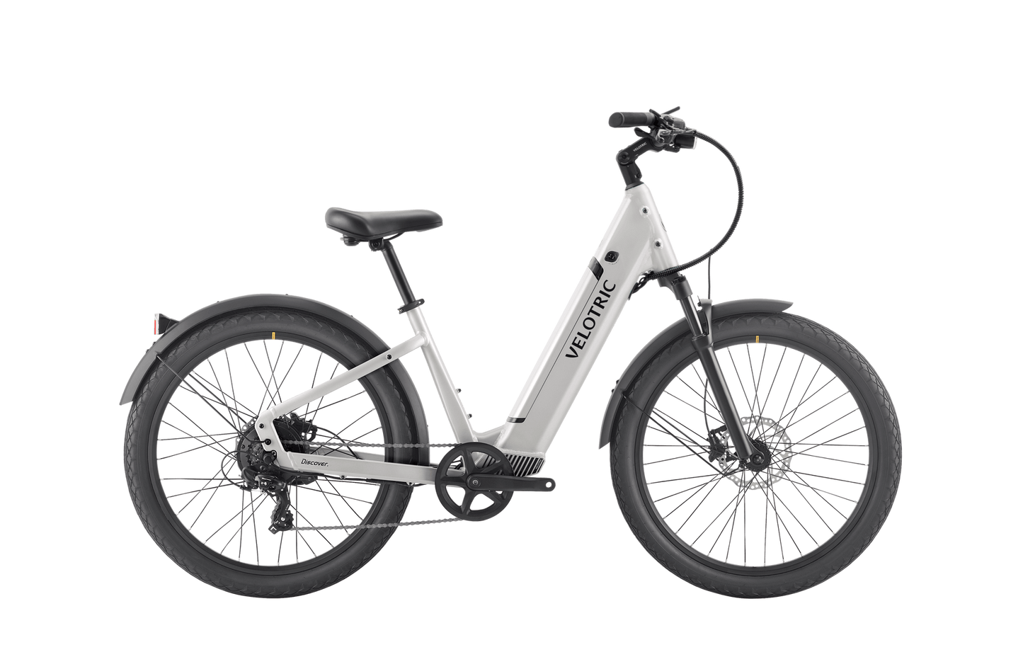 A white Velotric - Discover 1 Plus commuter e-bike with a step-through frame, black seat, handlebars, and tires. Equipped with the powerful Velopower H50 drive system, this bike also features front and rear fenders as well as a rear hub motor.