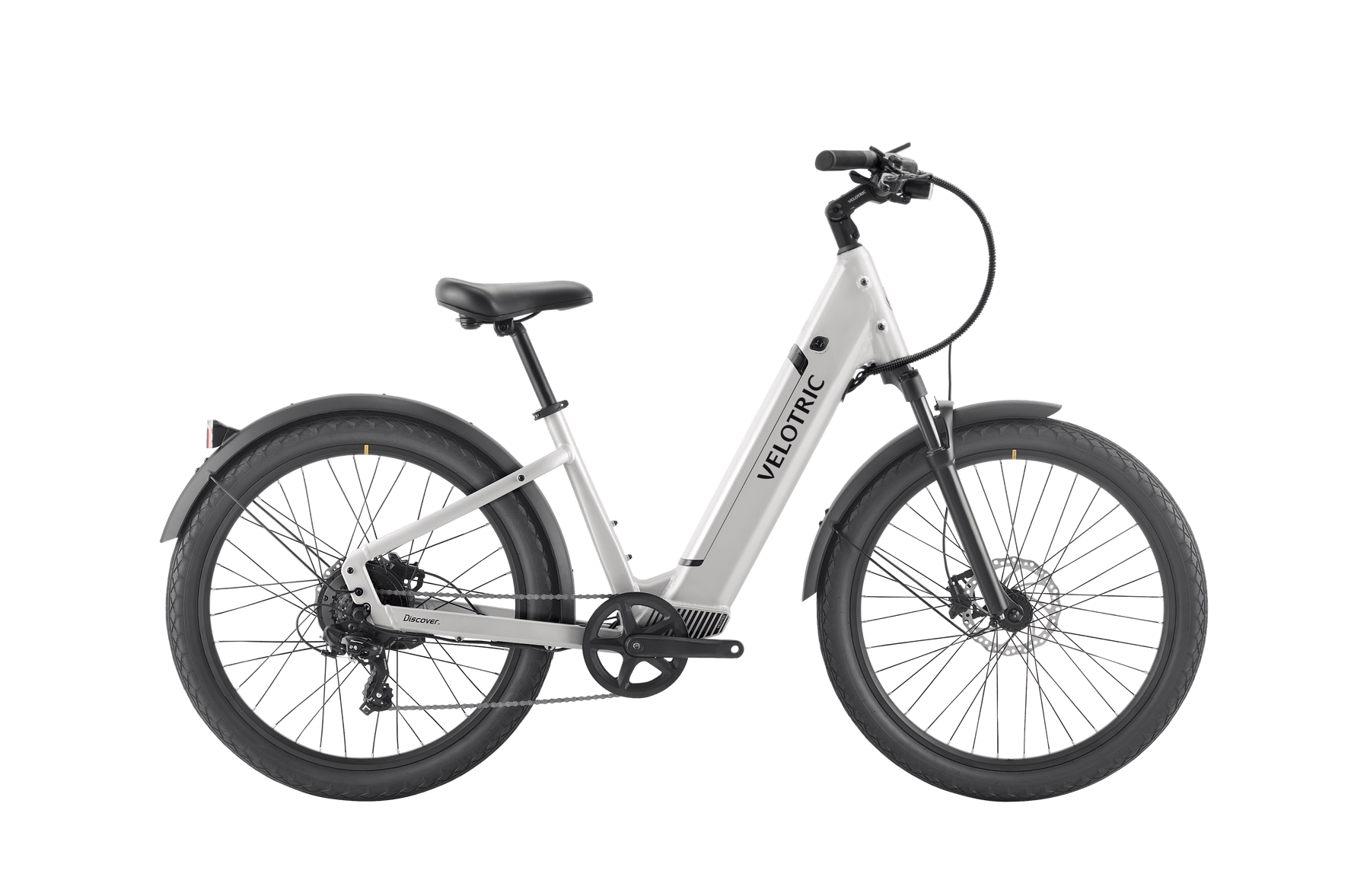 A white Velotric - Discover 1 Plus commuter e-bike with a step-through frame, black seat, handlebars, and tires. Equipped with the powerful Velopower H50 drive system, this bike also features front and rear fenders as well as a rear hub motor.