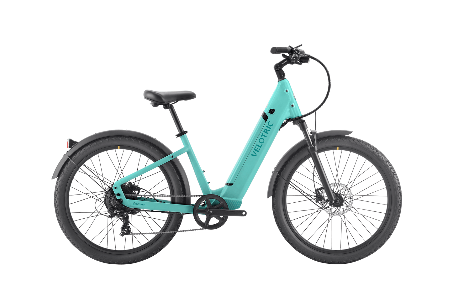 A turquoise commuter e-bike with wide tires, a step-through frame, and "Velotric - Discover 1 Plus" branding on the down tube. The bike features front and rear fenders, a black saddle, disc brakes, and the powerful Velopower H50 drive system.