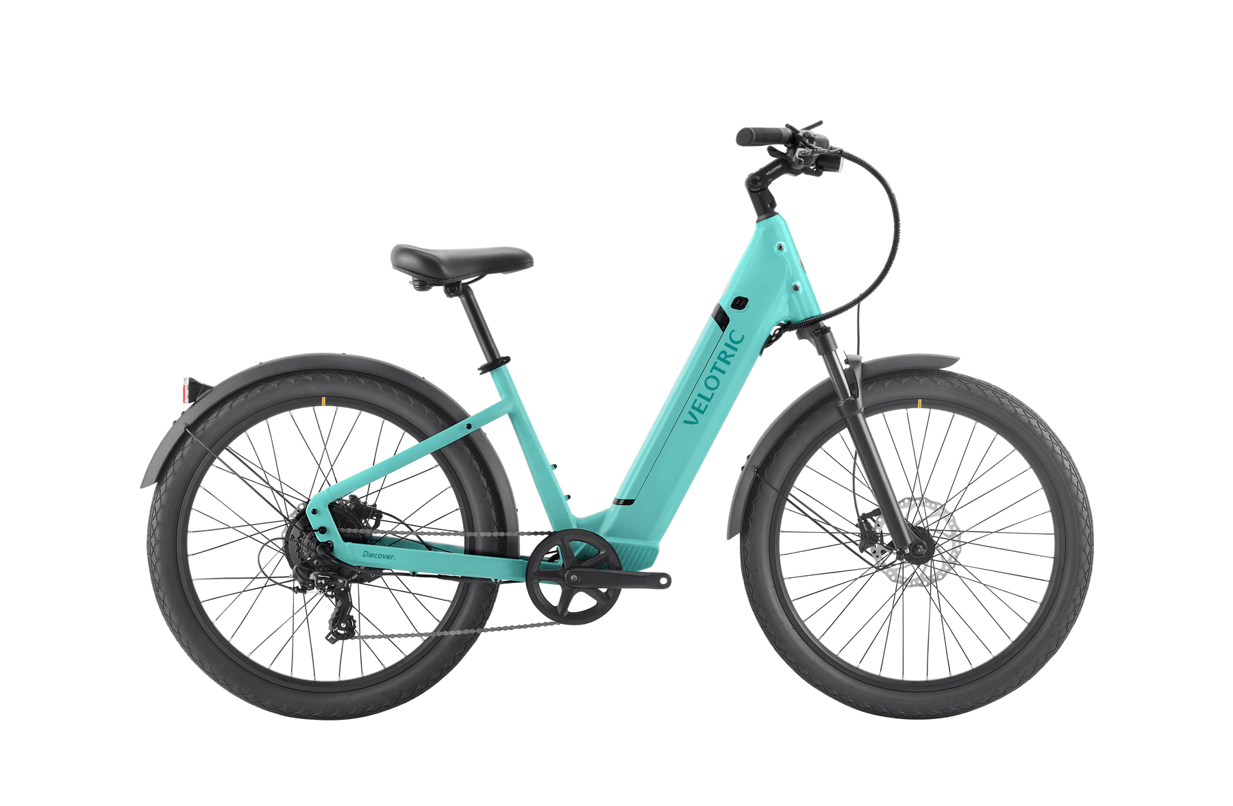 A turquoise commuter e-bike with wide tires, a step-through frame, and "Velotric - Discover 1 Plus" branding on the down tube. The bike features front and rear fenders, a black saddle, disc brakes, and the powerful Velopower H50 drive system.