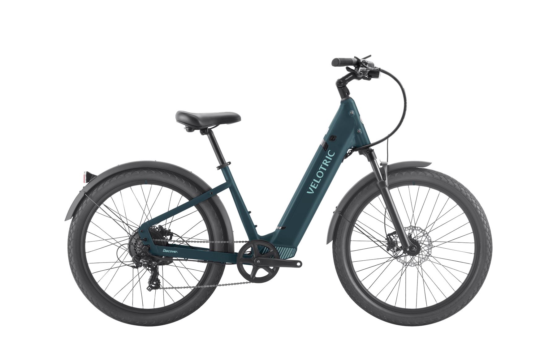 A navy blue Velotric - Discover 1 Plus commuter e-bike with a step-through frame, wide tires, and a rear-mounted battery. The bike boasts the powerful Velopower H50 drive system and has the brand name "Velotric" displayed vertically on the frame.