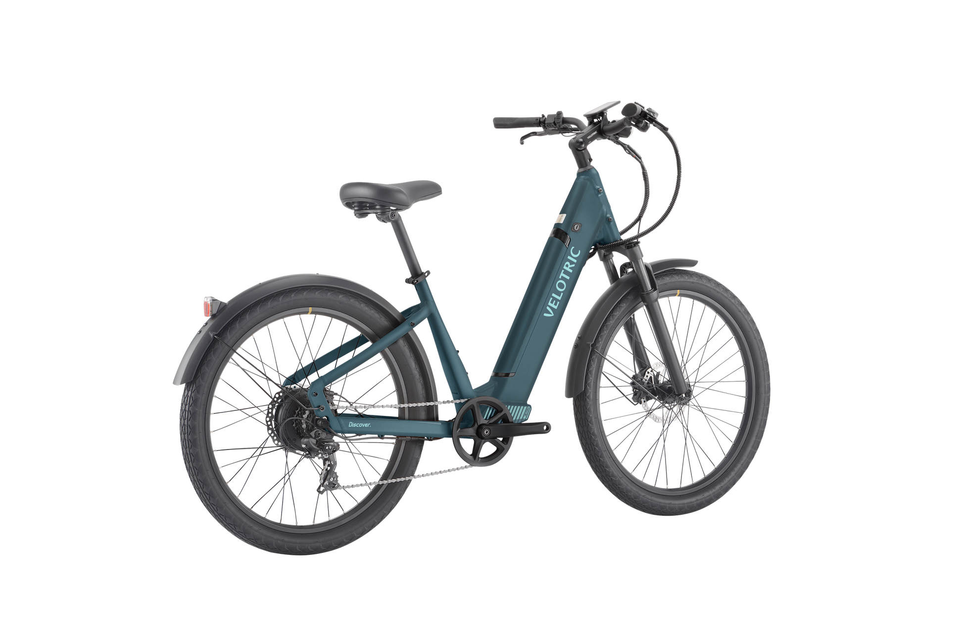 The Velotric - Discover 1 Plus is a teal commuter e-bike with a step-through frame, black seat, handlebars, and tires. Featuring disc brakes and a rear derailleur, this model showcases the powerful Velopower H50 drive system. The brand name "Velotric" is prominently visible on the frame.