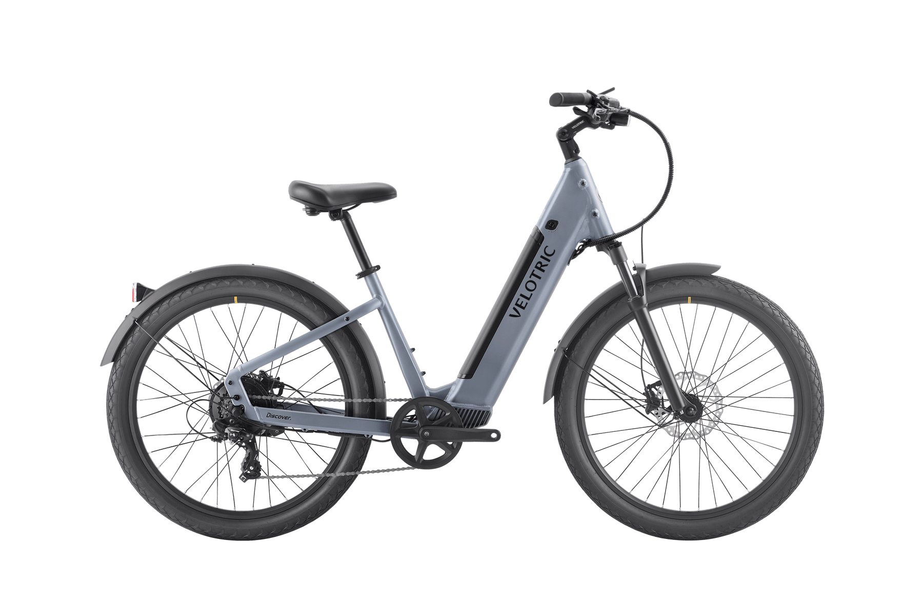 The Velotric - Discover 1 Plus is a modern, gray commuter e-bike with an electric motor, featuring a step-through frame, black saddle, and wide tires. The brand name "Velotric" is visible on the frame, and it boasts the powerful Velopower H50 drive system for an effortless ride.