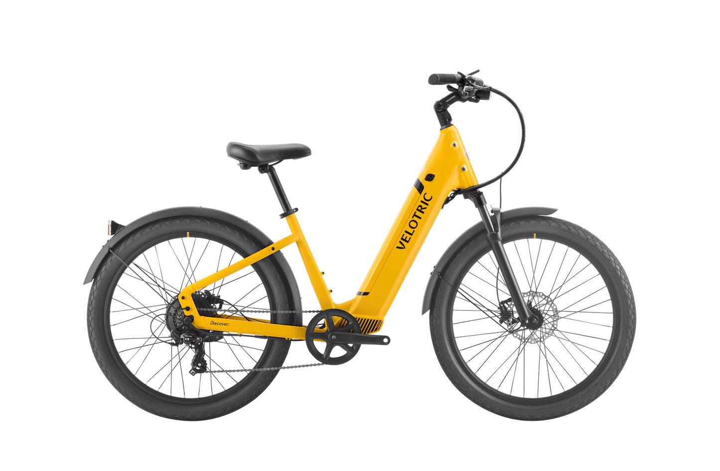 A yellow Velotric - Discover 1 Plus commuter e-bike with a step-through frame, black seat, and black tires on a white background. This stylish model features the powerful Velopower H50 drive system, making it perfect for everyday commuting.