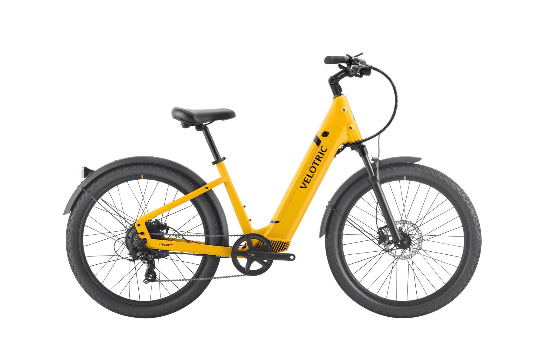 A yellow Velotric - Discover 1 Plus commuter e-bike with a step-through frame, black seat, and black tires on a white background. This stylish model features the powerful Velopower H50 drive system, making it perfect for everyday commuting.