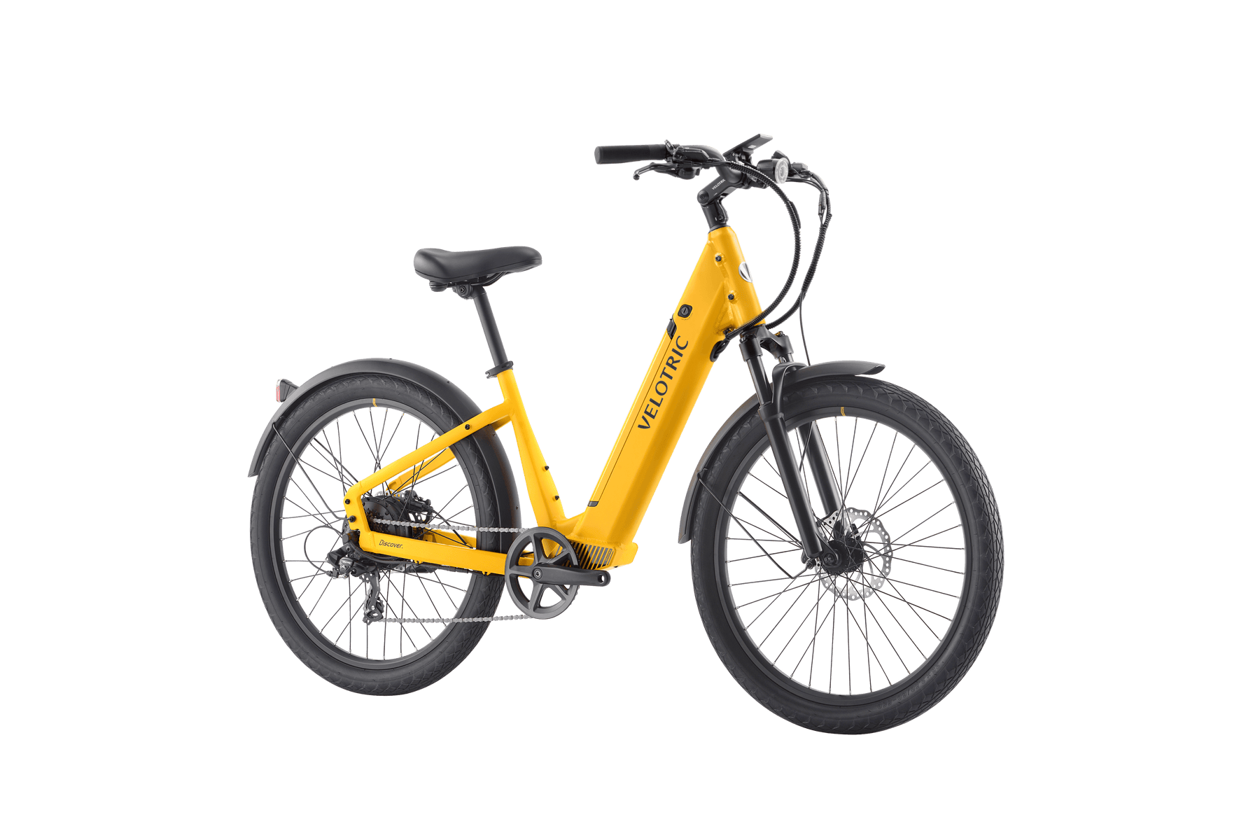 A yellow Velotric - Discover 1 Plus e-bike with black tires, a low step-through frame, and handlebars. The bike is viewed from the side, set against a white background. Equipped with the powerful Velopower H50 drive system.