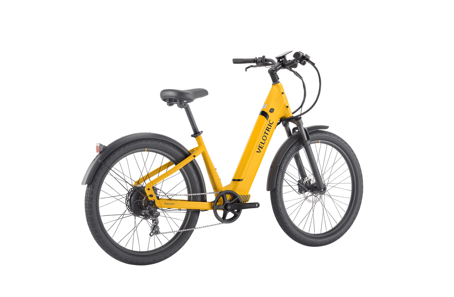 The Velotric - Discover 1 Plus is a yellow electric bicycle with thick tires, a black seat, and handlebars. Featuring the powerful Velopower H50 drive system, it boasts a rear hub motor, disc brakes, and fenders on both wheels. The brand name "Velotric" is prominently displayed on the frame.