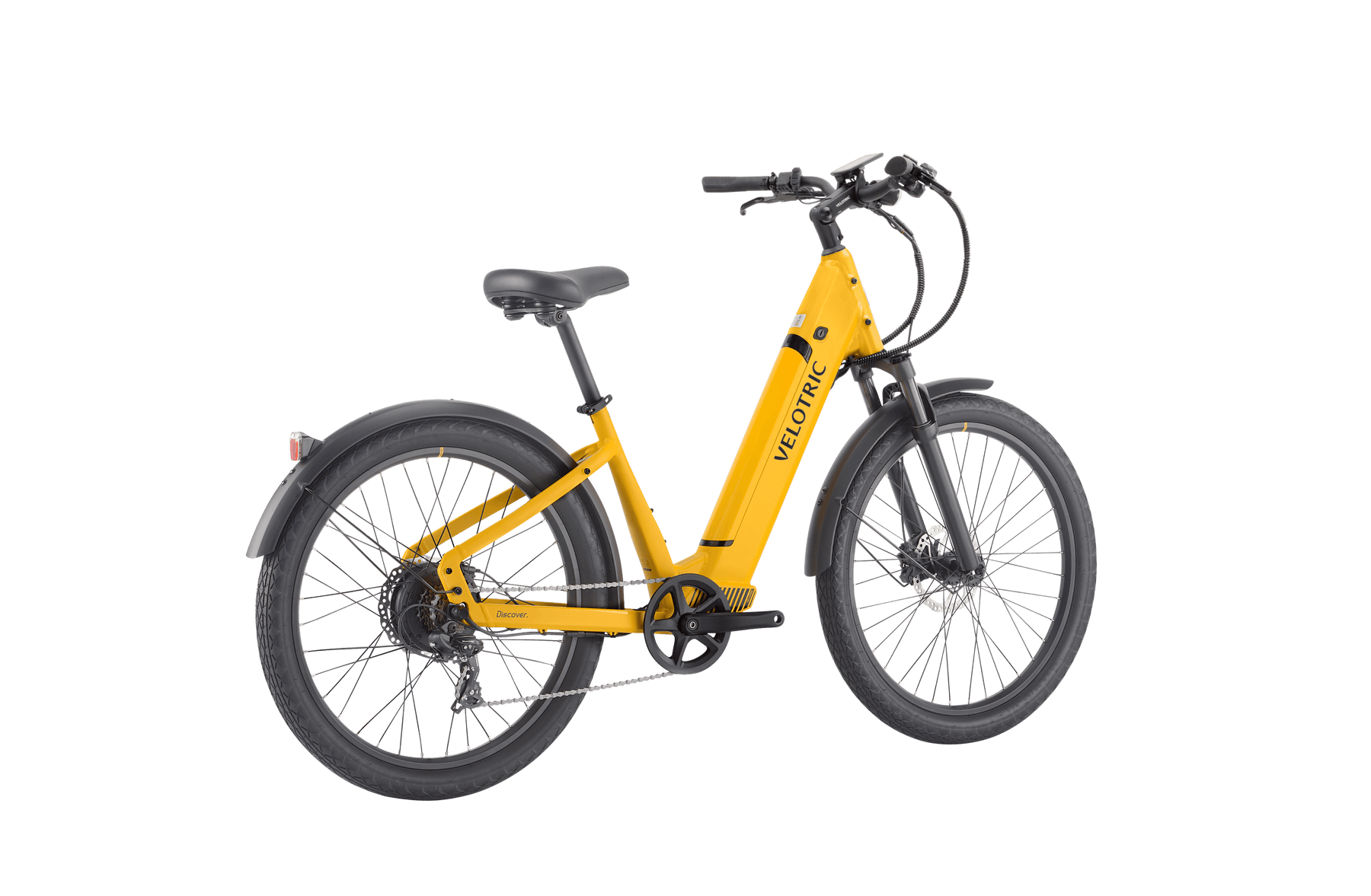 The Velotric - Discover 1 Plus is a yellow electric bicycle with thick tires, a black seat, and handlebars. Featuring the powerful Velopower H50 drive system, it boasts a rear hub motor, disc brakes, and fenders on both wheels. The brand name "Velotric" is prominently displayed on the frame.