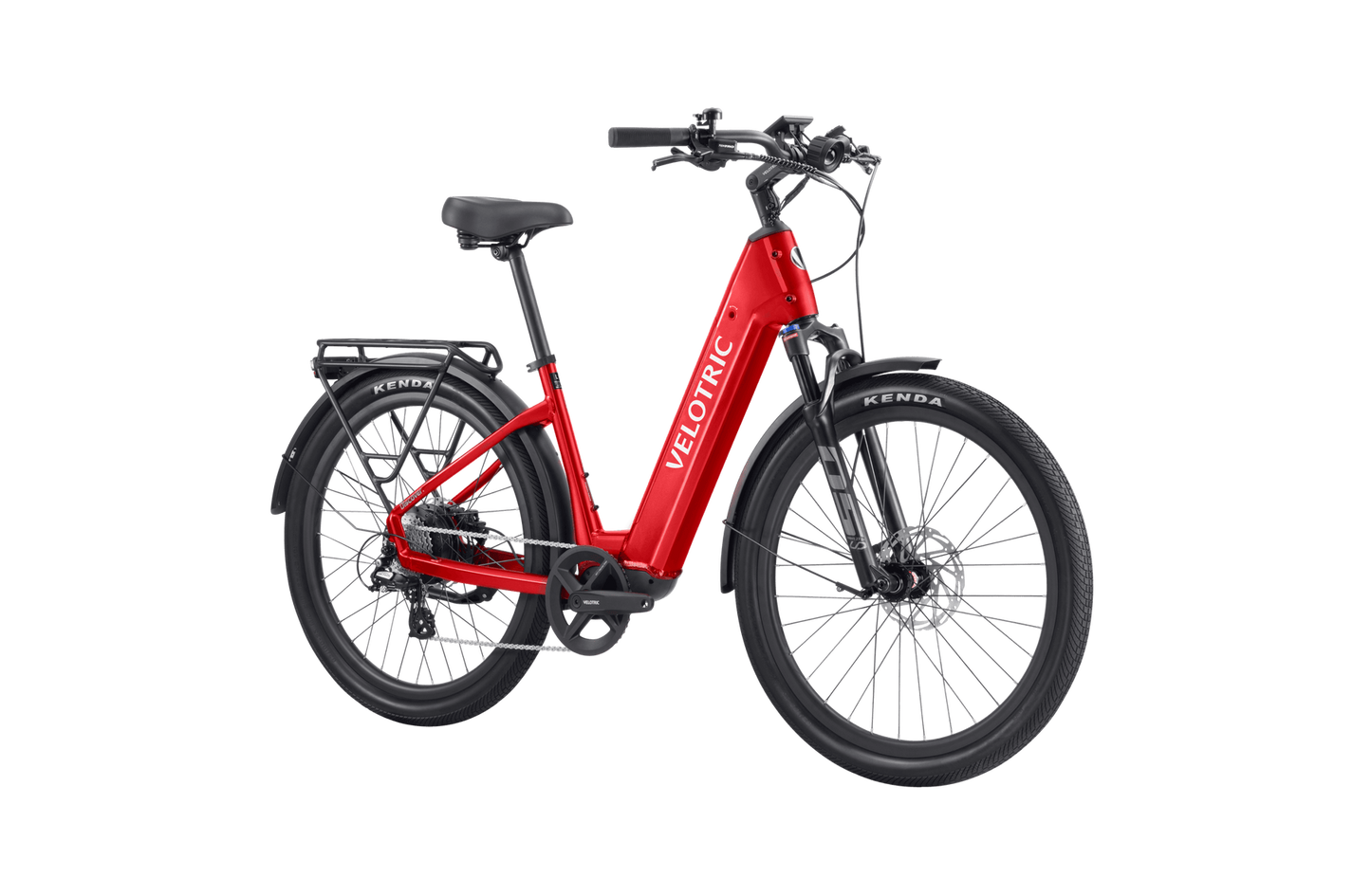 The Velotric - Discover 2, available at Tampa Bay eBikes, boasts a striking red frame with black tires, a rear cargo rack, and a front suspension fork, showcasing advanced eBike engineering.