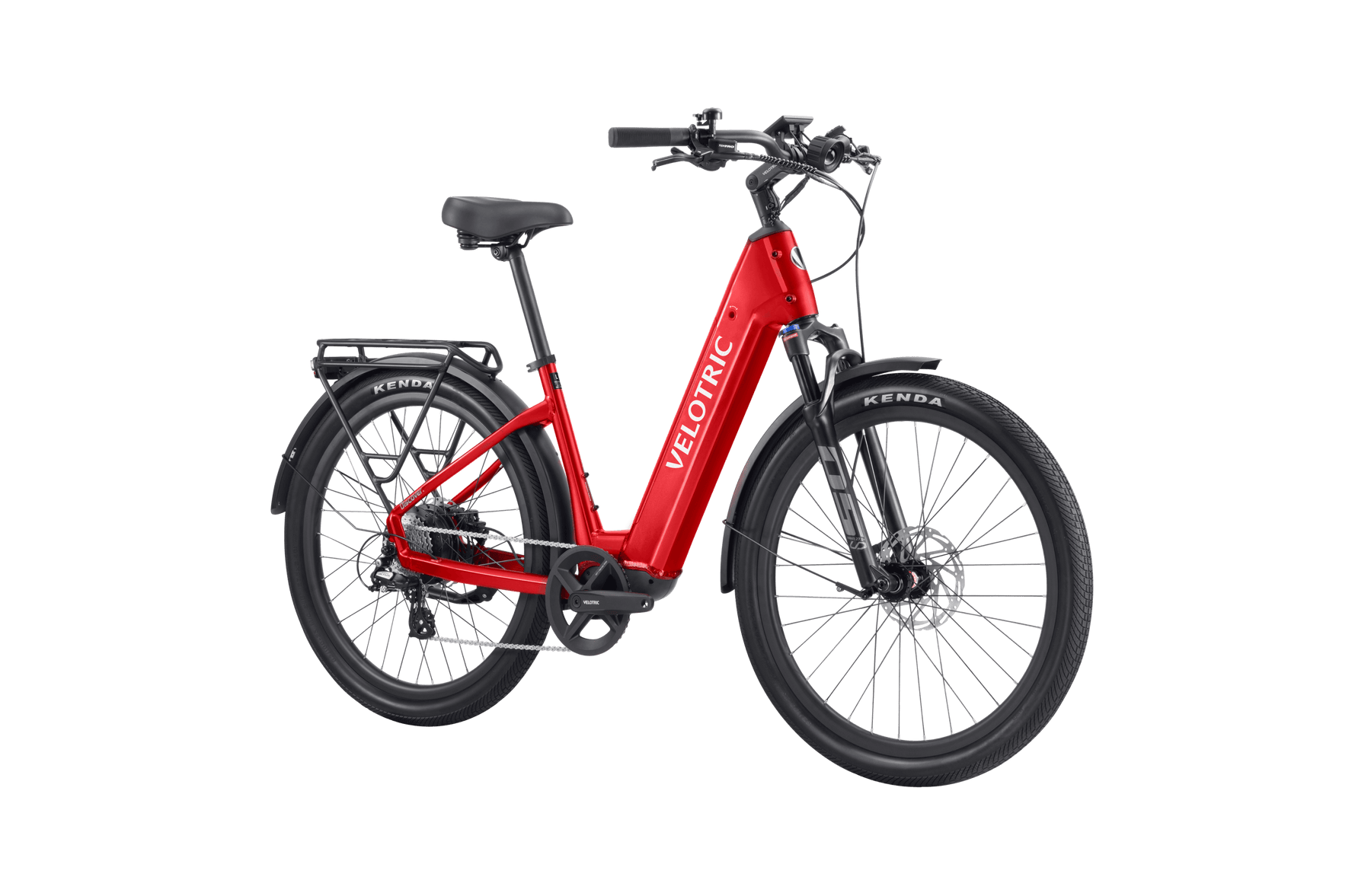 The Velotric - Discover 2, available at Tampa Bay eBikes, boasts a striking red frame with black tires, a rear cargo rack, and a front suspension fork, showcasing advanced eBike engineering.