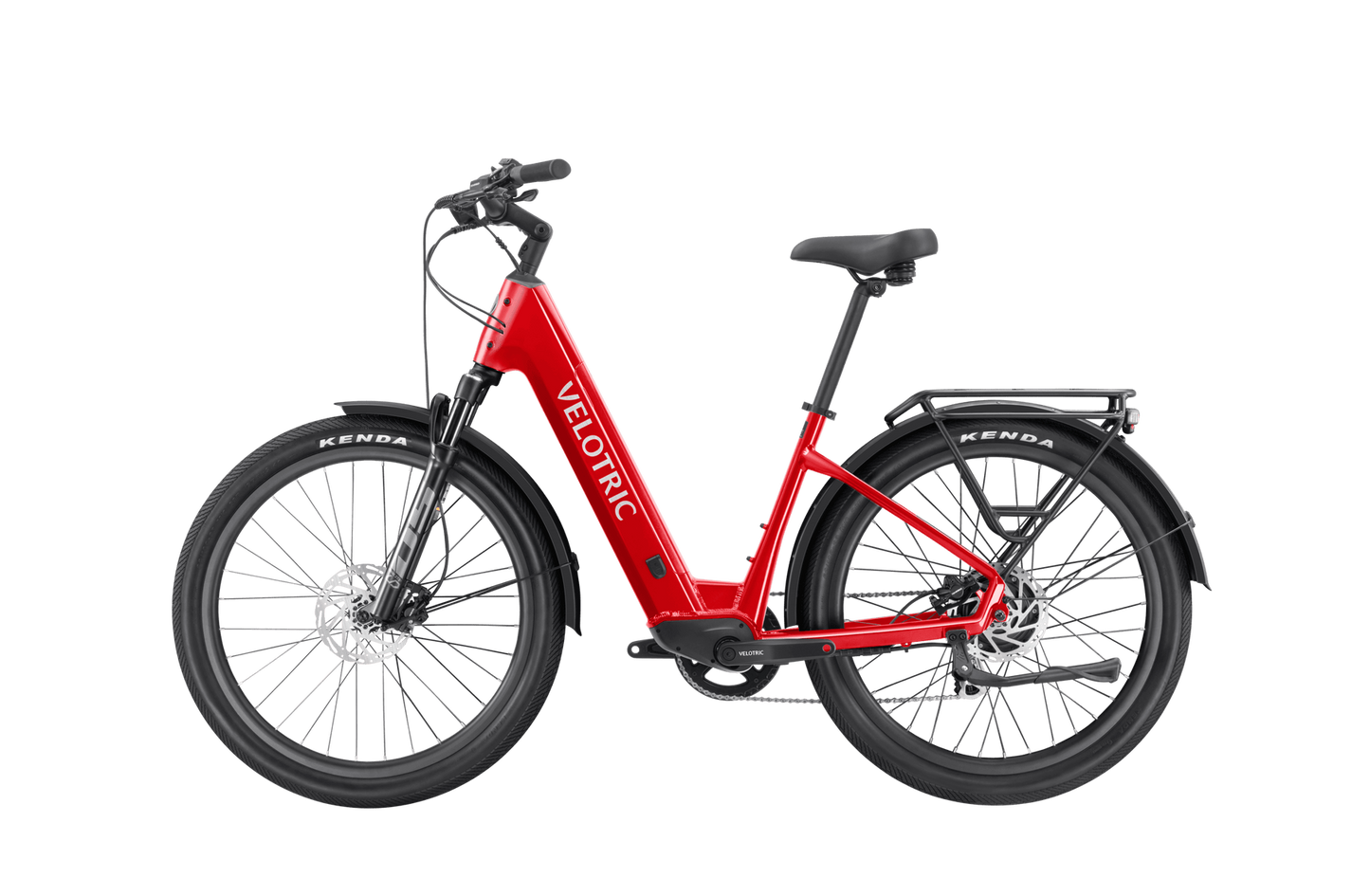 A red Velotric - Discover 2, boasting advanced eBike engineering with a step-through frame, thick tires, and a rear cargo rack on a white background. Available at Tampa Bay eBikes.