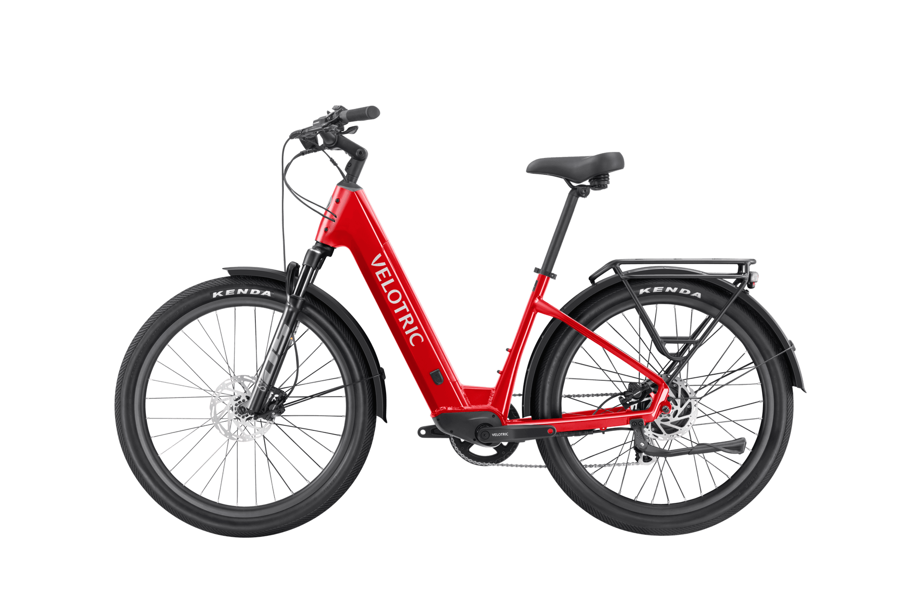 A red Velotric - Discover 2, boasting advanced eBike engineering with a step-through frame, thick tires, and a rear cargo rack on a white background. Available at Tampa Bay eBikes.
