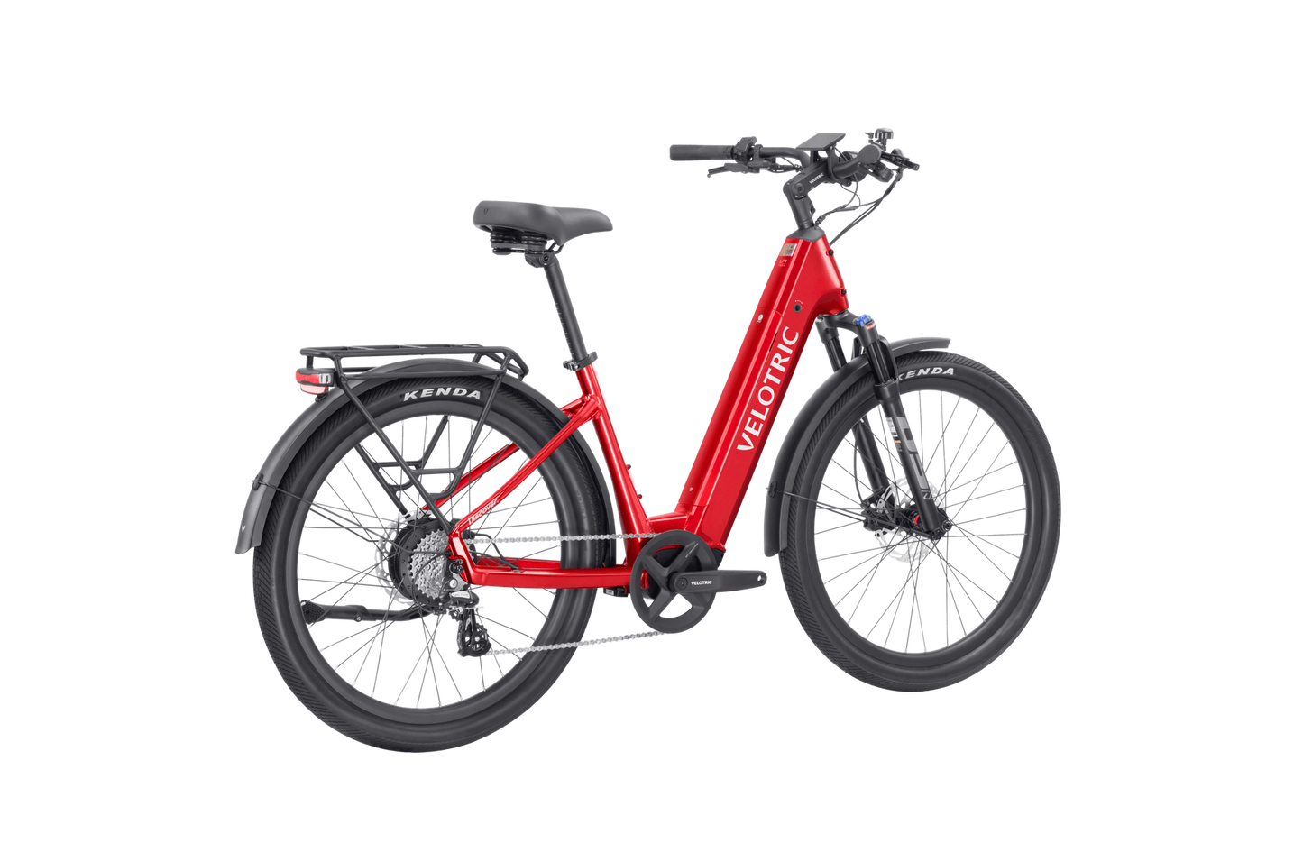 Red electric bicycle with "Velotric" branding, featuring a step-through frame, rear cargo rack, and 26-inch tires. The bike has front and rear fenders, disc brakes, and a side kickstand. The Velotric - Discover 2 exemplifies advanced eBike engineering available at Tampa Bay eBikes.