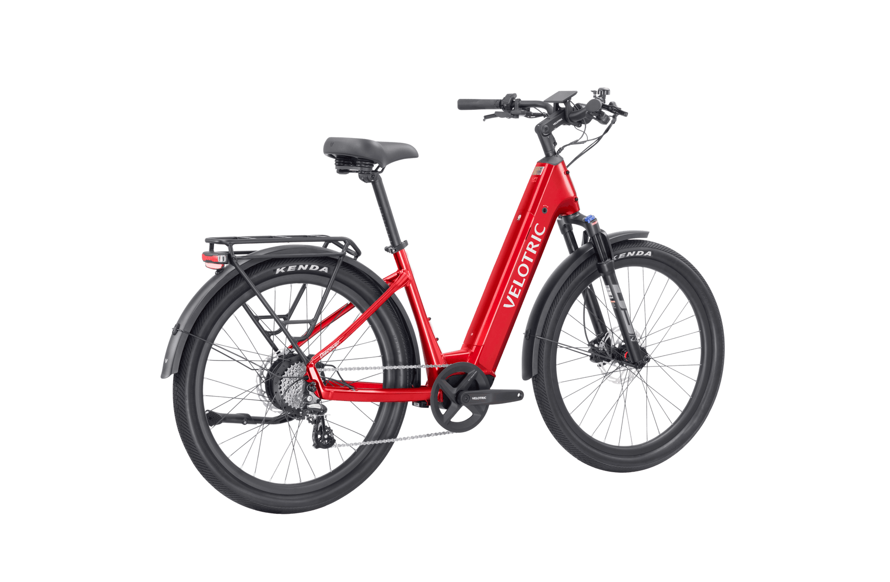 Red electric bicycle with "Velotric" branding, featuring a step-through frame, rear cargo rack, and 26-inch tires. The bike has front and rear fenders, disc brakes, and a side kickstand. The Velotric - Discover 2 exemplifies advanced eBike engineering available at Tampa Bay eBikes.
