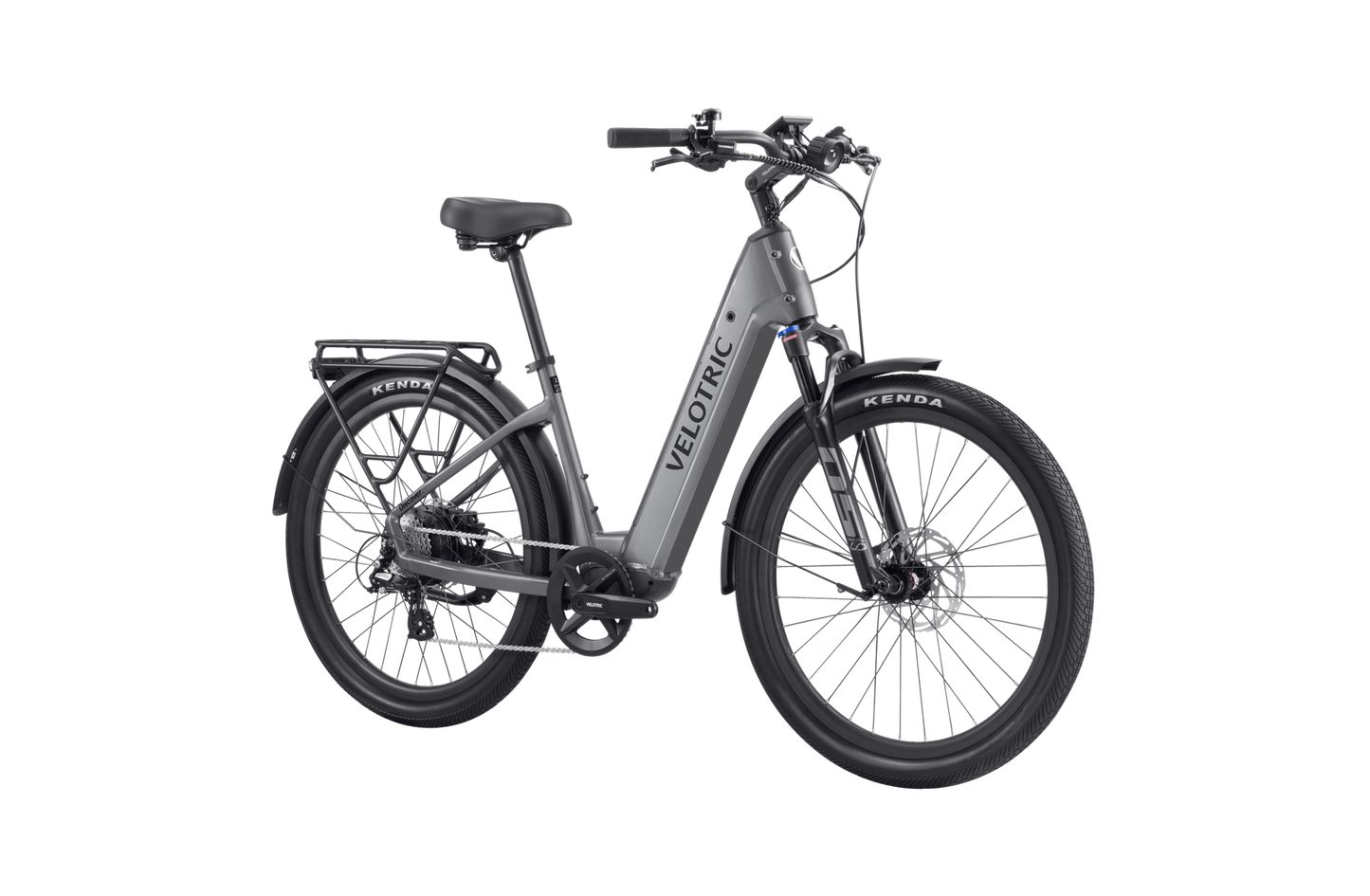 The Velotric - Discover 2 by Velotric features advanced eBike engineering with a gray frame, rear cargo rack, disc brakes, and a convenient step-through design.