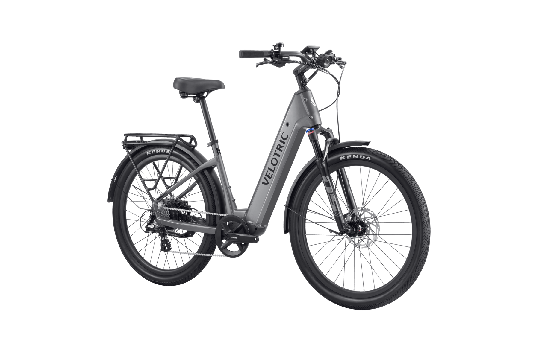 The Velotric - Discover 2 by Velotric features advanced eBike engineering with a gray frame, rear cargo rack, disc brakes, and a convenient step-through design.