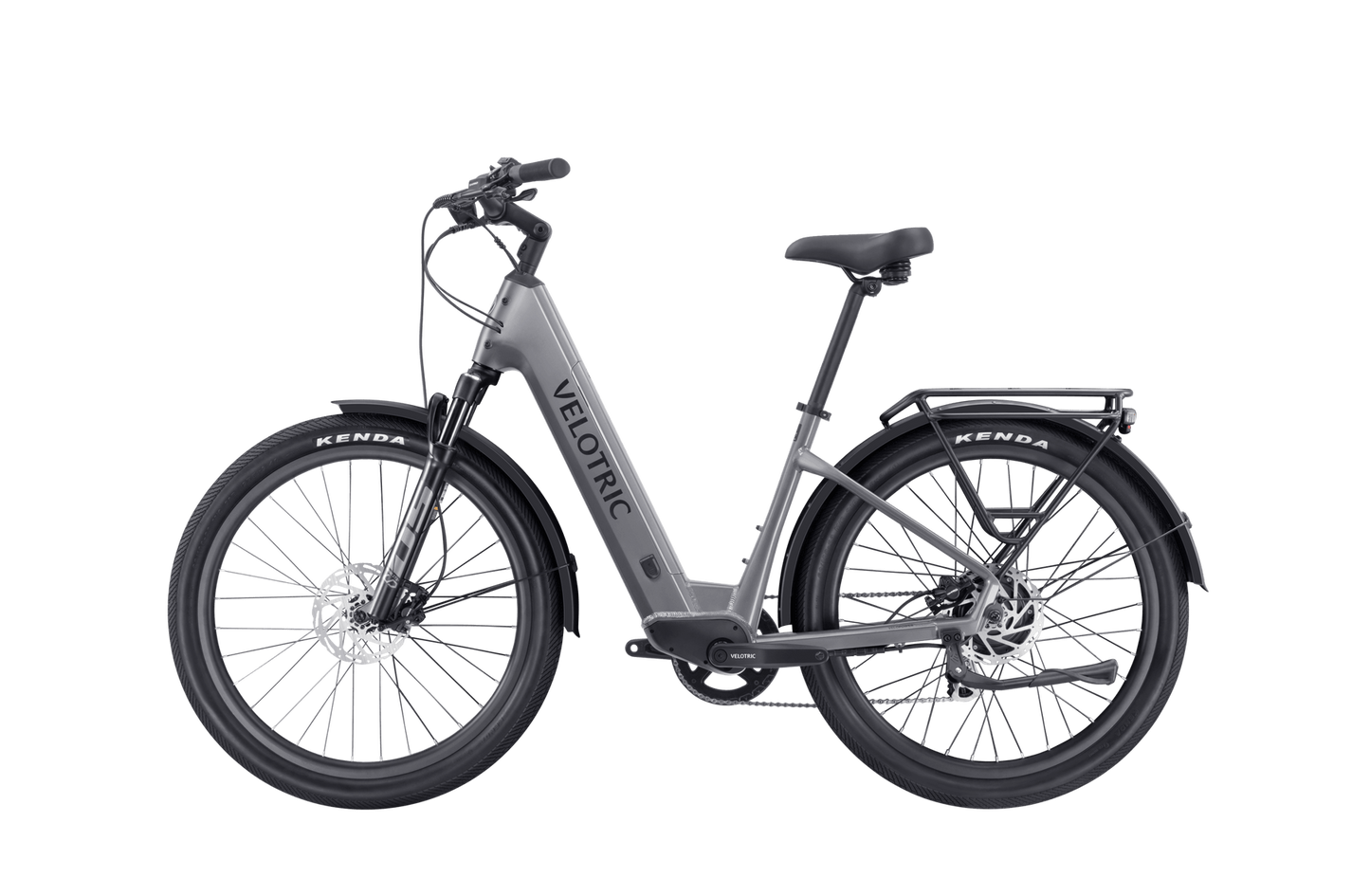 A grey Velotric - Discover 2 from Velotric with advanced eBike engineering, featuring a step-through frame, front suspension, rear cargo rack, and large Kenda tires.