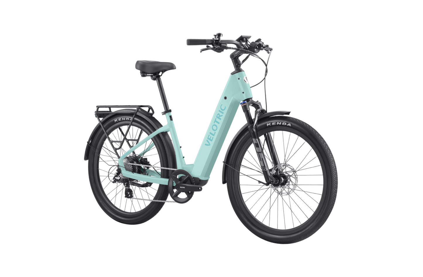 The Velotric - Discover 2 Electric Bike is a light blue e-bike featuring a step-through frame, advanced eBike engineering, front suspension fork, rear cargo rack, and disc brakes on both wheels. The brand name "Velotric" is visible on the frame. Available at Tampa Bay eBikes.