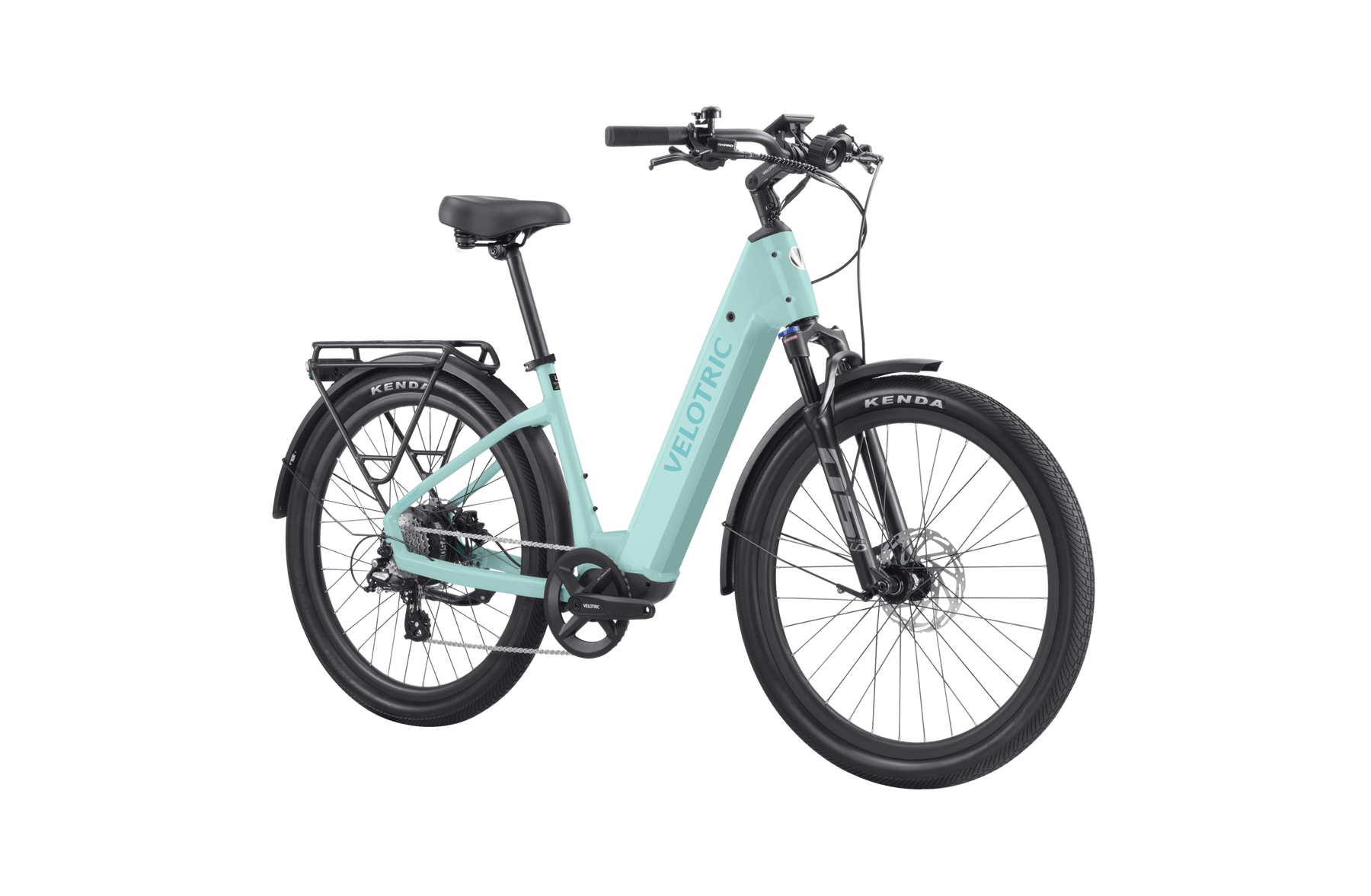 The Velotric - Discover 2 Electric Bike is a light blue e-bike featuring a step-through frame, advanced eBike engineering, front suspension fork, rear cargo rack, and disc brakes on both wheels. The brand name "Velotric" is visible on the frame. Available at Tampa Bay eBikes.