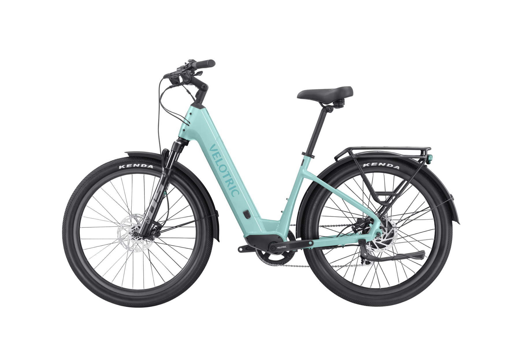Side view of a mint green Velotric - Discover 2 with wide tires, rear cargo rack, and step-through frame design, showcasing Tampa Bay eBikes' advanced eBike engineering.